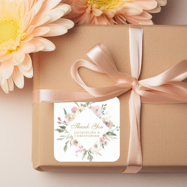 Elegant Floral Gold Script Wedding Thank You Square Sticker (Creator Uploaded)