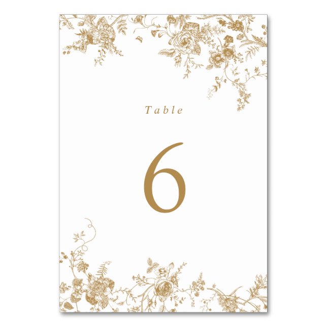 Elegant Floral Gold Vintage Wedding Table Number (Front)