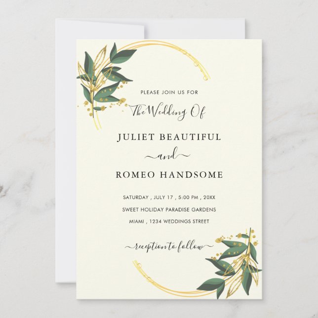 Elegant Floral Gold Wedding Invitation Example (Front)