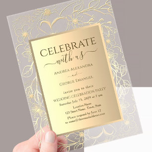 Elegant Floral Gold Wedding Reception Acrylic Invitations
