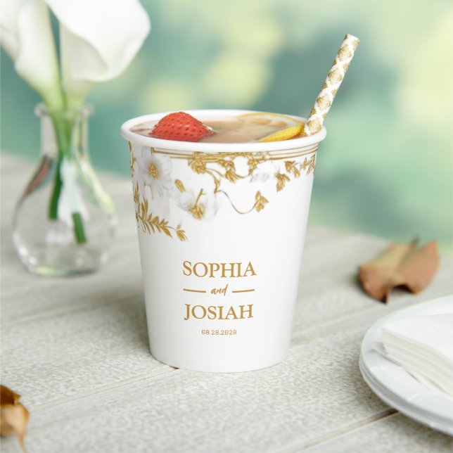 Elegant Floral Gold White Chinoiserie wedding Paper Cups (Insitu)