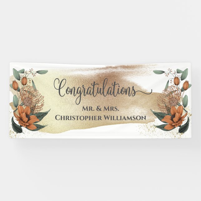 Elegant Floral Gold White Congratulations Wedding Banner (Horizontal)