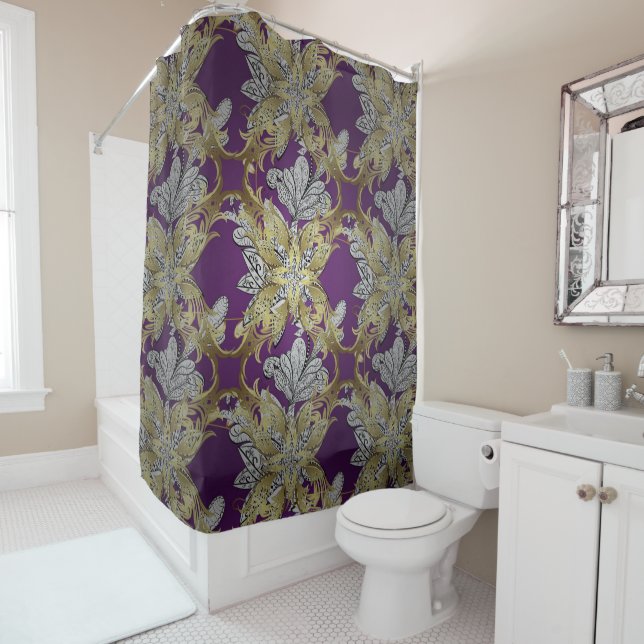Elegant Floral Golden elemenT Lilac Background Shower Curtain (In Situ)