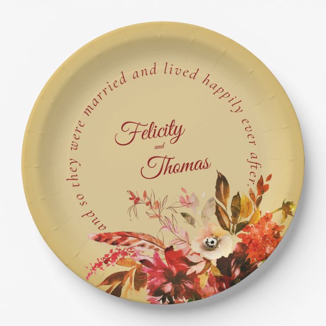 Elegant Floral Golden Happily Ever After Wedding Paper Plate (Front)