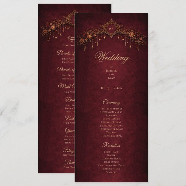 Elegant floral Gothic Halloween Wedding Program Menu (Front/Back)