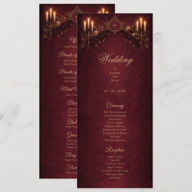 Elegant floral Gothic Halloween Wedding Program Menu (Front/Back)