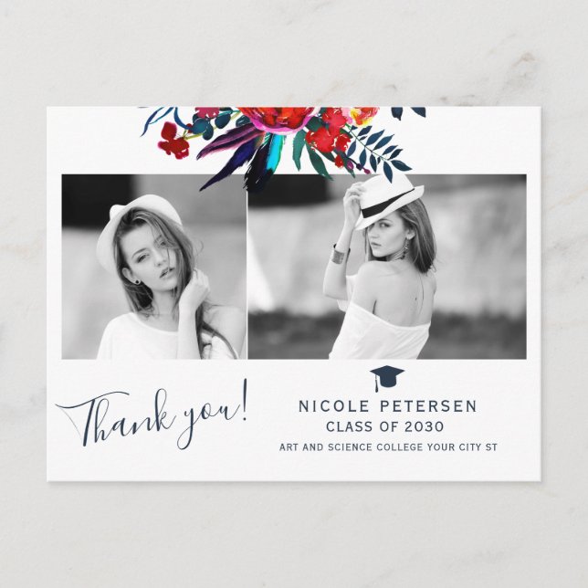 Elegant floral graduate photo graduation thank you postcard (Front)