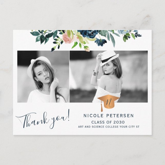 Elegant floral graduate photo graduation thank you postcard (Front)