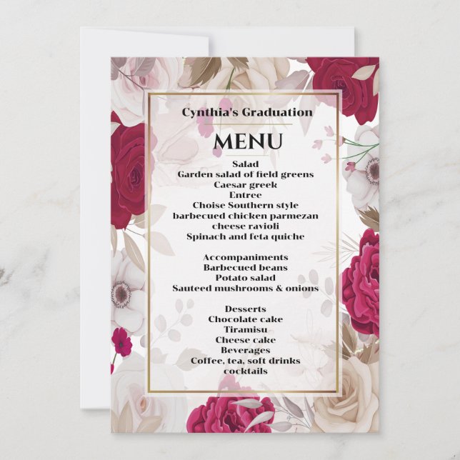 Elegant Floral Graduation Dinner Menu Invitation (Front)