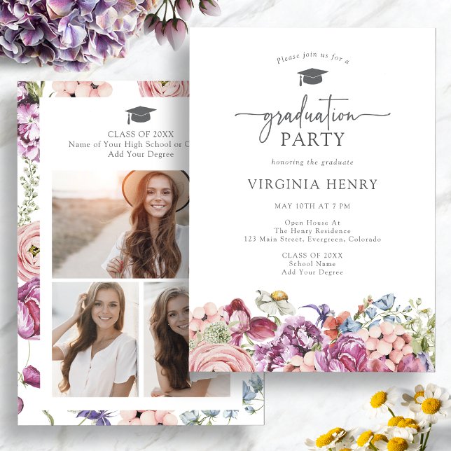 Elegant Floral Graduation Party Invitation (Elegant Floral Watercolor Graduation Party Invitation with Pictures by Painted Paperie
)