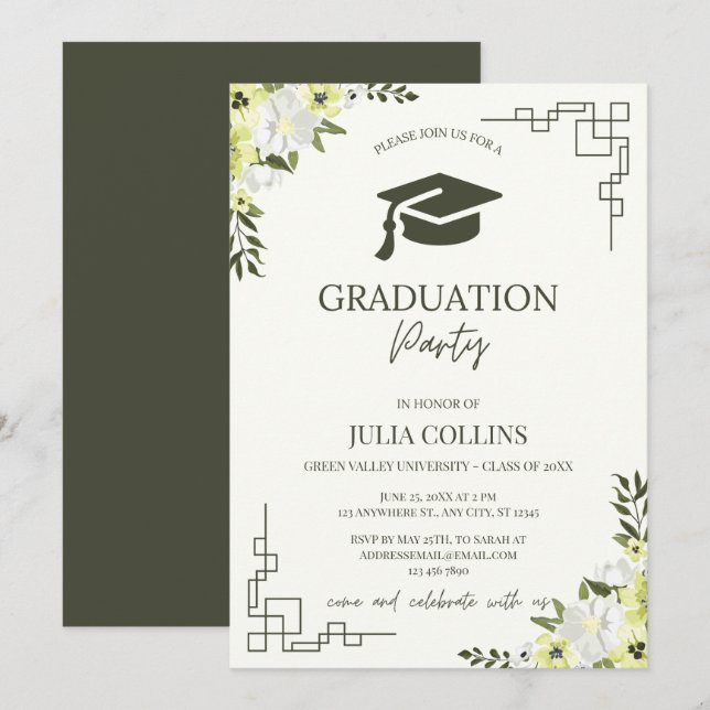 Elegant Floral Graduation Party Invitation Card (Front/Back)