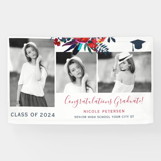 Elegant floral graduation party photo collage bann banner (Horizontal)