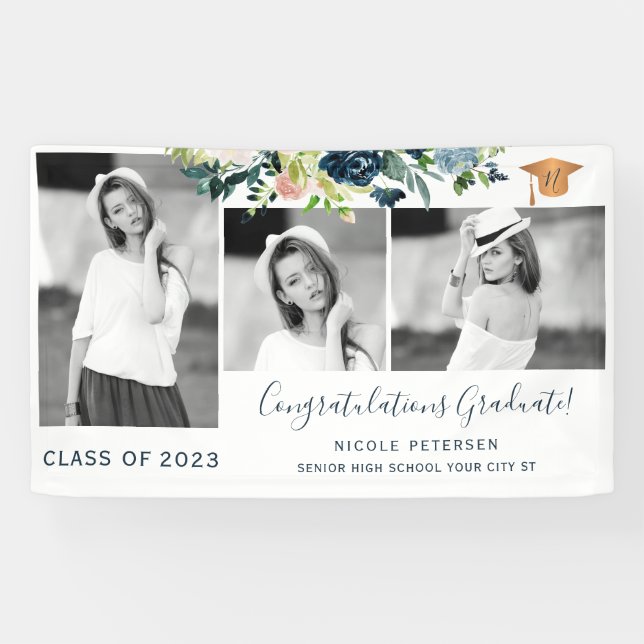 Elegant floral graduation party photo collage banner (Horizontal)