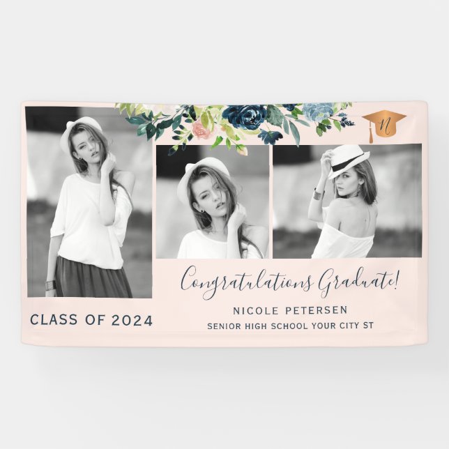 Elegant floral graduation party photo collage banner (Horizontal)