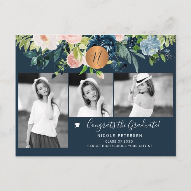 Elegant floral graduation party photo collage invitation postcard (Front)