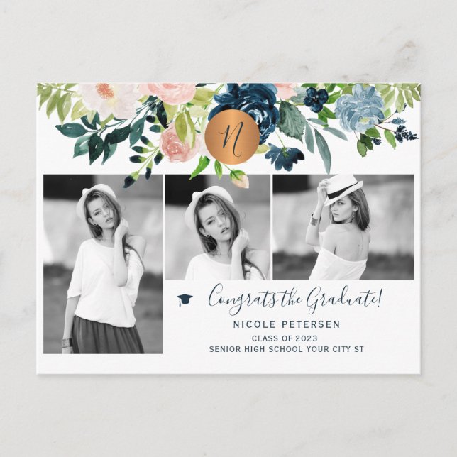 Elegant floral graduation party photo collage invitation postcard (Front)