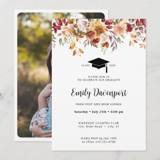 Elegant Floral Graduation photo on back  Invitation