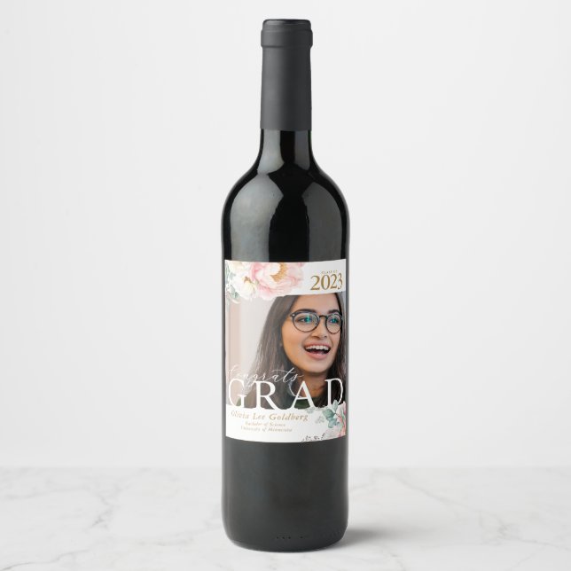 Elegant Floral Graduation Photo Wine Labels (Front)