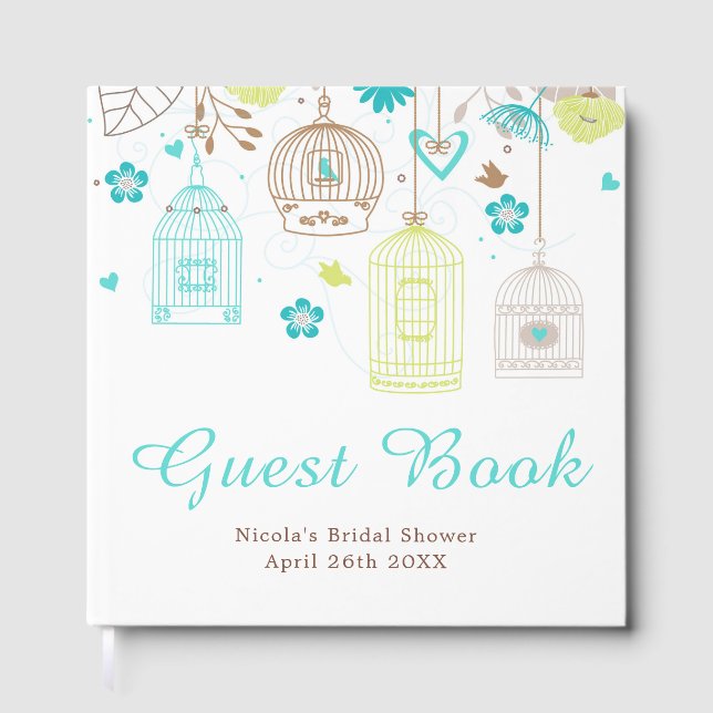 Elegant Floral Green and Blue Bridal Shower Guest Book (Front)