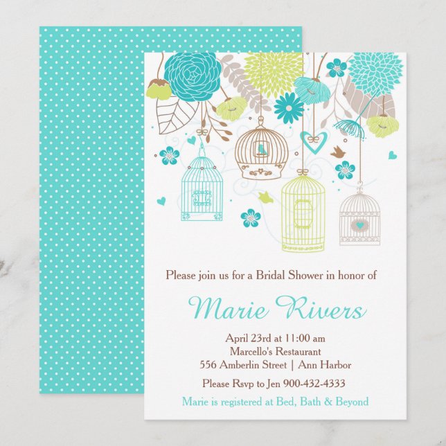 Elegant Floral Green and Blue Bridal Shower Invitation (Front/Back)