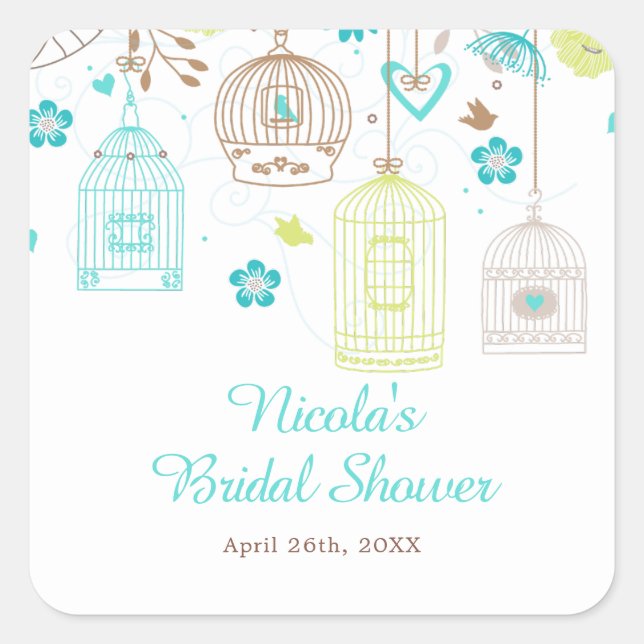 Elegant Floral Green and Blue Bridal Shower Square Sticker (Front)
