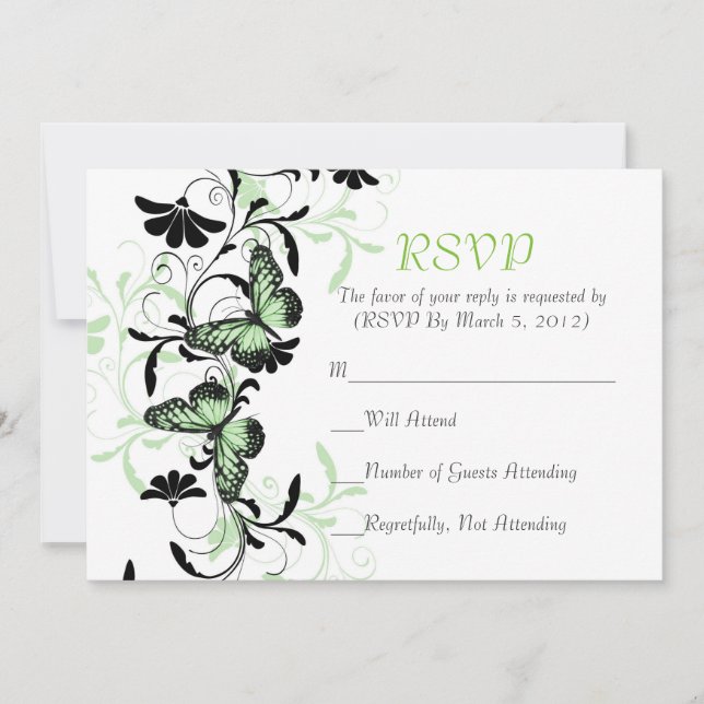 Elegant Floral Green Butterfly RSVP card (Front)