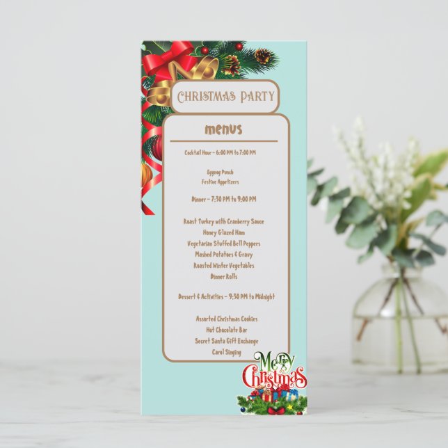 Elegant Floral Green Christmas Menu Card (Standing Front)