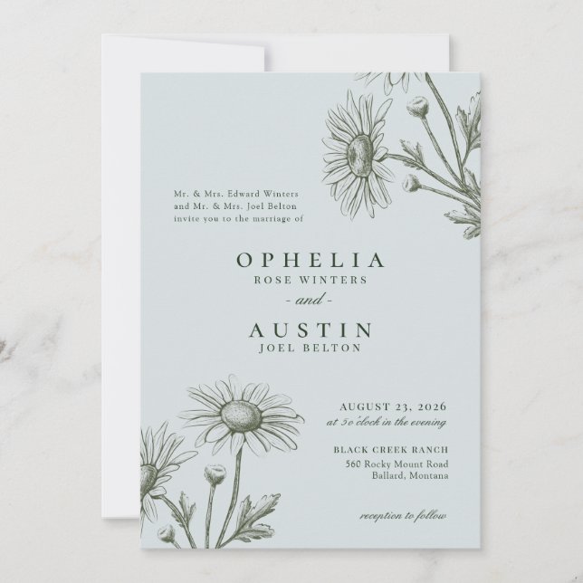 Elegant Floral Green Daisy Sketch Wedding Invitati Invitation (Front)