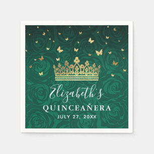 Elegant Floral Green Gold Crown Birthday Template Napkin