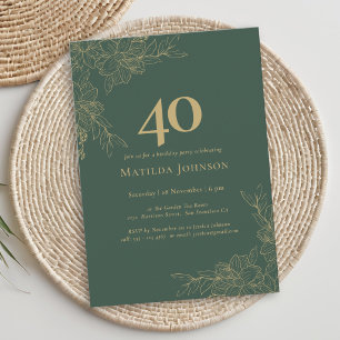Elegant Floral Green Gold Floral 40th Birthday Invitation