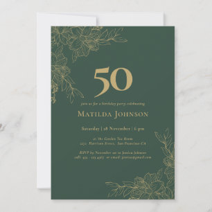 Elegant Floral Green Gold Floral 50th Birthday Invitation