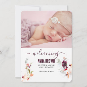 ELEGANT FLORAL GREEN, ORANGE, RED & WINE BABY INVITATION