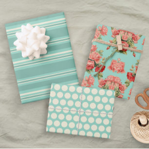 Elegant Floral Green Pretty Polka Dot Stripes Wrapping Paper Sheet