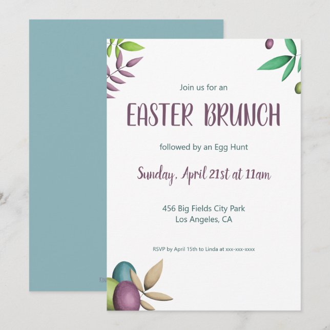 Elegant Floral Green Purple Easter Eggs Invitation (Front/Back)