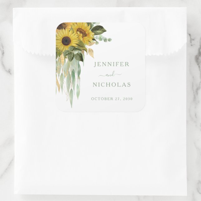 Elegant Floral Green Sunflowers Wedding Square Sticker (Bag)