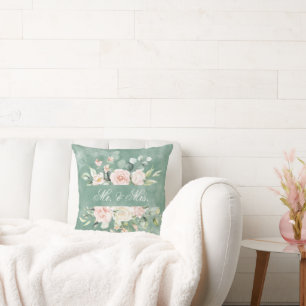 Elegant Floral Green Watercolor Mr. & Mrs. Rustic Cushion