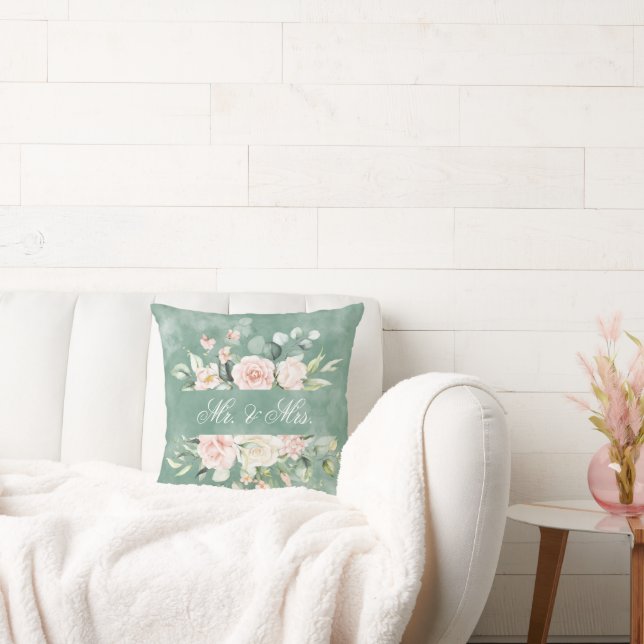 Elegant Floral Green Watercolor Mr. & Mrs. Rustic Cushion (Couch)