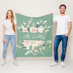 Elegant Floral Green Watercolor Mr. & Mrs. Wedding Fleece Blanket