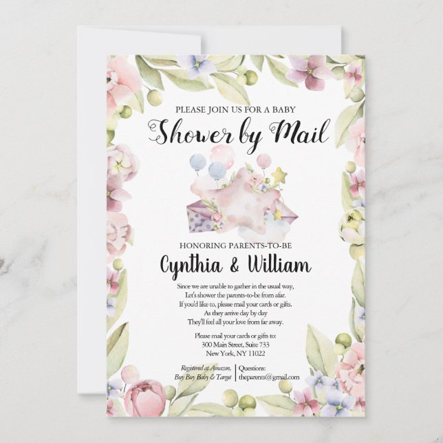 Elegant Floral Greenery Baby Shower by Mail Invitation (Front)