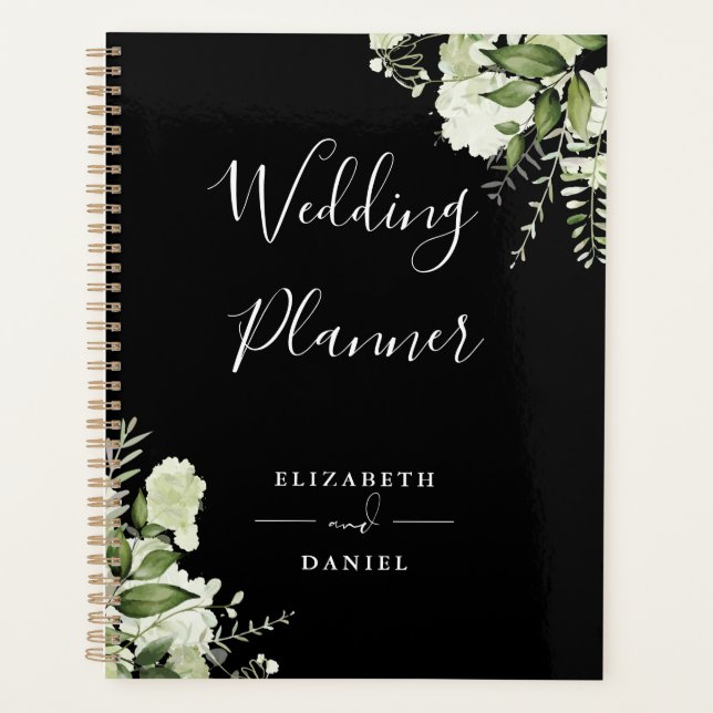 Elegant Floral Greenery Black And White Wedding Planner (Front)