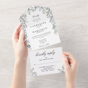 Elegant Floral Greenery Cascade Wedding All In One Invitation