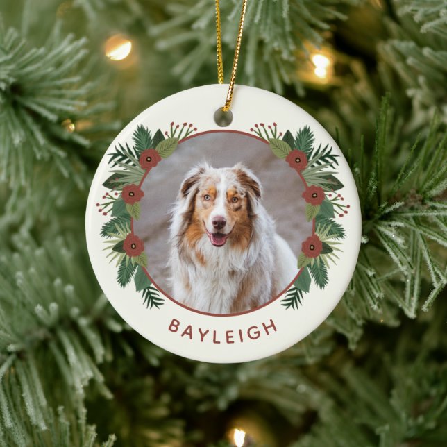 Elegant Floral Greenery Christmas 2 Photo Pet Ceramic Tree Decoration (Tree)