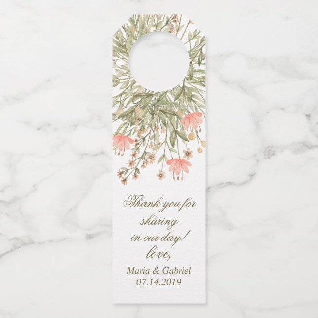 Elegant Floral Greenery. Country  wedding Bottle Tag (Front)