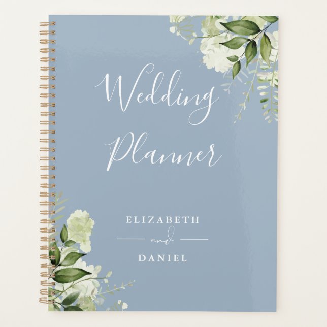 Elegant Floral Greenery Dusty Blue Wedding Planner (Front)