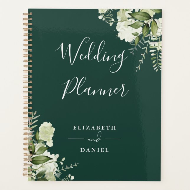 Elegant Floral Greenery Emerald Wedding Planner (Front)