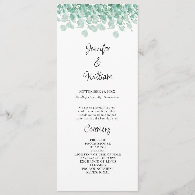 Elegant Floral Greenery Eucalyptus Wedding Program Programme (Front)