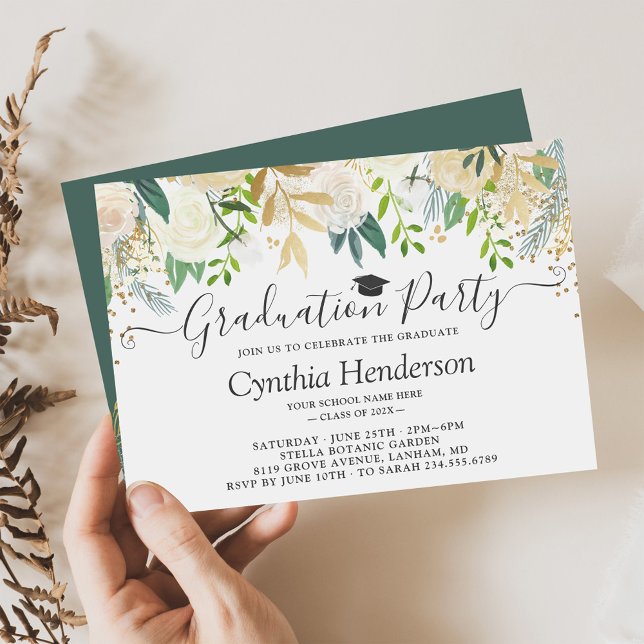 Elegant Floral Greenery Graduation Party Invitation (Creator Uploaded)