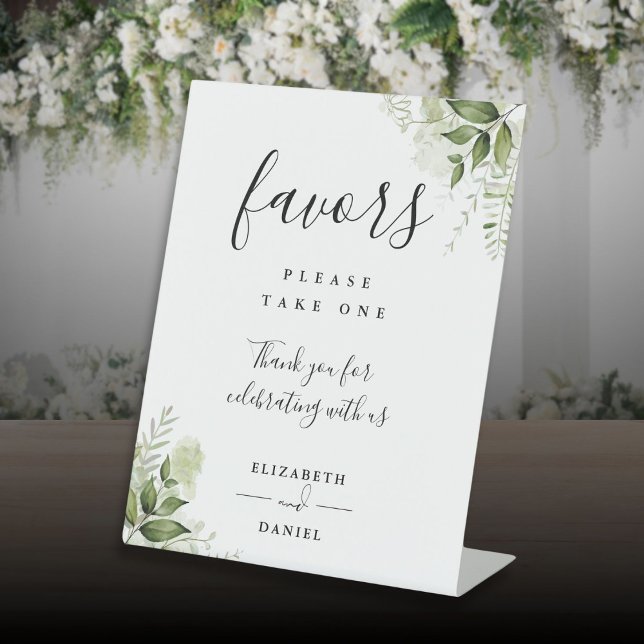 Elegant Floral Greenery Modern Script Favours Pedestal Sign (Elegant Floral Greenery Modern Script Favors Pedestal Sign)
