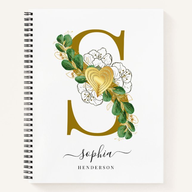 Elegant Floral Greenery Monogrammed Letter S Notebook (Front)