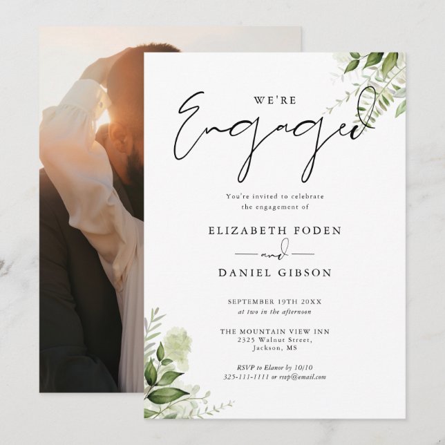 Elegant Floral Greenery Photo Engagement Party Invitation (Front/Back)